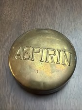 Vintage Heavy Brass Aspirin Pill Container, Trinket Box, Paperweight MCM 2.5" picture