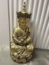 Antique Asian Buddha Sitting Temple Statue Large Carved Wood Colored Gold 64 Lb picture