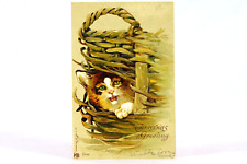 Cat Kitten Basket Antique c1905 Christmas Art Postcard International Art Pub co picture
