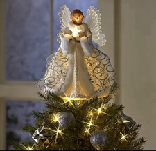Angel Christmas Tree Topper Decoration, LED Light Up, White/Silver, 25 cm picture