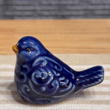 Vintage Blue Ceramic Bird Figurine Portugal Handmade Collectible 3.2" Bird Gift picture