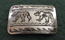 Vintage Native American Unsigned Sterling Silver Double Walking Bear Belt Buckle picture