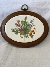 Vintage Wood and Ceramic Oval Plaque Berries and Flowers circa 1970s-1980s picture