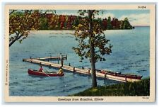 1953 Greetings From Hamilton Boating Paddling Rustic Bridge Illinois IL Postcard picture