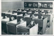 Press Photo Language Students at Carrels Wear Headphones ca 1960 Natick MA picture