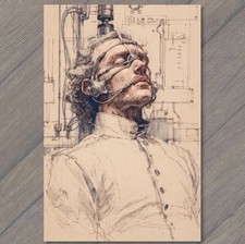 POSTCARD Sci Fi Cyberpunk Man Headset Wires Machine Experiment Brain Interface picture