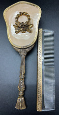 Vtg 2pc Globe Vanity Set Hair Brush & Comb Gold Plated Ornate Floral Victorian picture