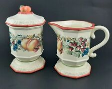 3pc Lot Avon Sweet Country Harvest Ceramic Creamer Sugar Lid Fruit Floral picture