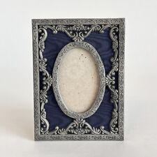 VTG ORNATE METAL BLUE MOIRE FABRIC EASEL BACK PICTURE FRAME 2x3 Size Photo picture