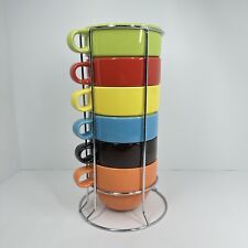 Pier 1 RAINBOW 6 Stoneware Stacking Coffe Cups in Chrome Wire Metal Rack picture