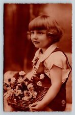 c1926 ADORABLE Belgium Girl's Floral Studio Photo VINTAGE Postcard picture