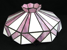 Large Vintage Stained Glass Hanging Lamp Shade Pinkish & White Strips Blue tips picture