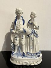 Vintage Colonial Cobalt Blue & White Couple Porcelain Figurine Gold Trim 8