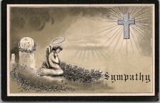 1910s RELIGIOUS Embossed Greetings Postcard Angel in Graveyard 
