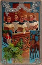 Vintage Antique Postcard Christmas Season Merry Santa Claus Reindeer Chorus P03 picture