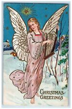 c1910's Christmas Greetings Angel Lyre Stars Embossed Unposted Antique Postcard picture