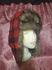 Red Plaid Flannel Winter Hat , Faux Fur Lined Ear Flaps &Fur Trim size S...M picture