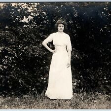 c1910s A Cute Cross Eyed Girl RPPC Outdoor Portrait Corset Dress Real Photo A213 picture
