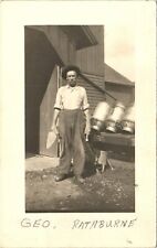 MAN BY BARN antique postcard rppc EAST PHARSALIA NY c1910 ~creamery? candid view picture
