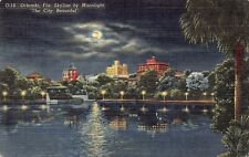 Orlando FL-Florida Skyline Lake Eola Moonlight Night View Linen Postcard c1940 picture