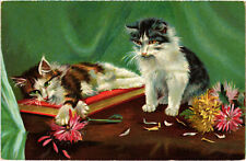 PC CATS, ARTIST SIGNED, BAKER, CATS WITH FLOWERS, Vintage Postcard (b47414) picture