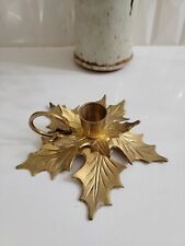 Vintage Solid Brass Candle Holder Christmas Holly Poinsettia A6 picture