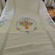 Vintage Bedspread Handmade Cross Stitch from Kit 12 Floral Bouquets Ivory 73x90 picture