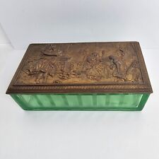 JB Jennings Brothers Antique Repousse Bronze Green Depression Glass Trinket Box picture