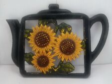 Trivet Coffee Pot Shape Yellow Sunflowers Cast Iron Vintage Cottagecore picture