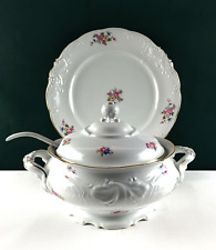 WALBRZYCH White Soup Tureen, w/ Underplate & Ladle Gold Trim Multicolor Flowers picture