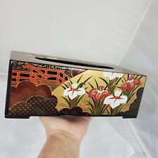 Japanese MCM Black Gold Red Floral Lily Flowers Lacquered 2 Piece Tissue Box picture