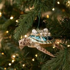 Sea Turtle Rhinestone Pearl Glitter Blown Glass Nautical Christmas Tree Ornament picture