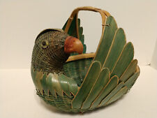 VTG Zhejiang Bamboo PARROT BIRD Green Painted Chinese Basket Hand Crafted Woven picture
