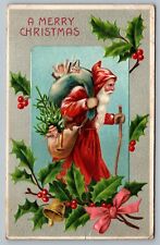 Merry Christmas Postcard Santa Claus Old World Robe Walking Stick Toy Bag c1908 picture