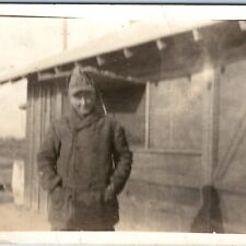 c1910s WWI Outdoor Man RPPC Army Base Baseball Cap Winter Coat Real Photo A255 picture