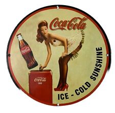 VINTAGE COCACOLA SODA PINUP GIRL GAS PUMP OIL GARAGE SERVICE METAL PLATE SIGN picture
