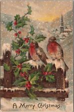 c1910s CHRISTMAS Greeting Card Robin Birds on Fence / Church Scene / Glitter picture