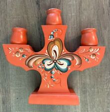 Vintage Folk Art Tole Painted Wooden Candle Holder Orange Multicolor Excellent picture