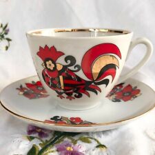 Imperial Porcelain Lomonosov Red Rooster Cup Saucer Set picture