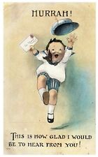 HURRAY Excited Boy GLAD TO HEAR FROM YOU Kid Comic Postcard Posted 1917 DAMAGE picture