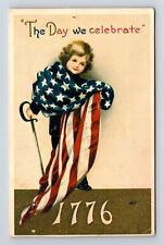 PATRIOTIC The Day We Celebrate 1776 Girl Wrapped in American Flag Postcard picture