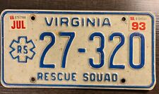 Virginia Issue DMV Personalized Vanity License Plate Rescue Squad RS Bar Sign 93 picture