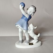 VTG GERALD BAVARIA Germany White Blue Porcelain GIRL w DOG BALL  Figurine picture