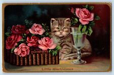 Animals Postcard Little Mischievous Cat Kitten Haired With Pink Roses Flowers picture