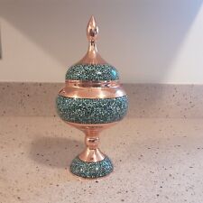 Firoozeh Koobi INLAID Turquoise & Copper Lidded Candy/Nut Jar Signed - 2 Piece picture