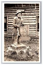 RPPC Statue At Hovey’s Bear Trap Log Cabins, Manistique Michigan MI Postcard App picture