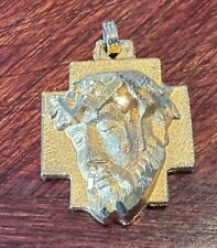 Vintage 1970’s Head Of Jesus Cross Goldtone Diamond Cut Pendant .75” Across picture