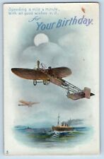 Birthday Postcard Man Riding Airplane Speeding A Mile A Minute Tuck c1910's picture