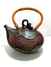 Kris Pixton Studio Art Pottery NY Blue Carved Stoneware TeaPot picture