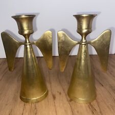 Pair Vtg Brass Angel Candle Stick Holders Removable wings Made in India 6” picture